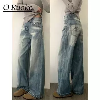 Retro Washed Loose Wide Leg Denim Female 2025 New Arrival High Waist Slim Looking Light Color Small Man Draping Mopping Pants Retro Blue Long M