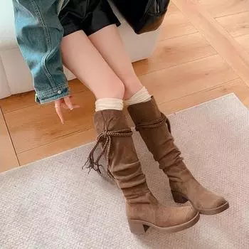 Retro Wasteland Fringed Knight Boots Women s Autumn New Thick Heel But Knee Long Boots Skinny Pile Boots 35