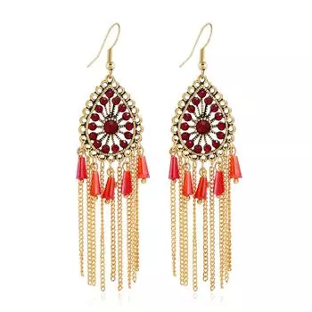 Серьги-цепочки с бахромой из бриллиантов в стиле ретро, серьги-подвески в этническом стиле красный