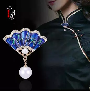 Ретро веерообразная брошь с жемчугом Женская брошь-ципао Анти-светоотражающая булавка Аксессуары для одежды Брошь золотой