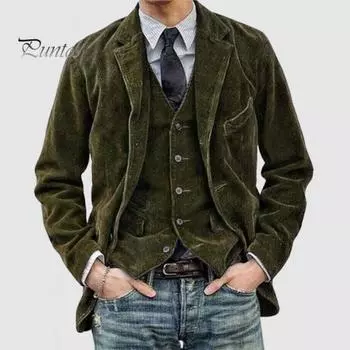 Ретро вельветовое пальто с лацканами, длинный рукав, однобортный повседневный пиджак с карманами, однотонный свободный крой, деловая верхняя одежда M темно-синий