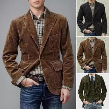 Ретро вельветовое пальто с лацканами, длинный рукав, однобортный повседневный пиджак M коричневый