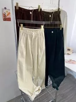 Ретро вельветовые брюки женские зимние прямые повседневные брюки полной длины корейская мода мешковатые брюки для верхней одежды S чёрный