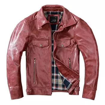 Ретро верхний слой из воловьей кожи, новая куртка из натуральной кожи, мужская мотоциклетная куртка с лацканами, бордовая кожаная куртка S