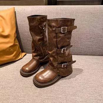 Retro western cowboy boots women s 2025 autumn and winter new Internet celebrity belt buckle trouser tube side zipper black knight boots 35