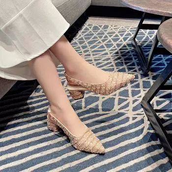 Retro Woman Shoes Beige Heeled Sandals Mary Jane Bling Bling Original Bow Black Closed Comfort Low Open High Elastic 35 чёрный