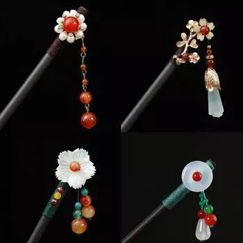 Retro Women Ebony Tassel Stepping Hair Stick Hairpin Chinese Style Handmade Hair Accessories Hanfu Headwear Flower Hair Fork E