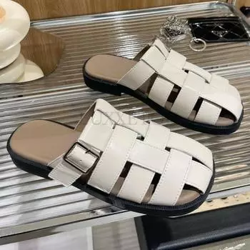 Retro Women Genuine Leather Mules Round Toe Flat Sandals Buckle Slippers Ladies Fashion Casual Shoes Summer 35