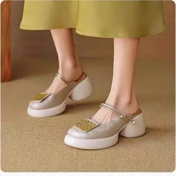 Retro Women Platform Slippers 2024 Summer New Designer Round Head Baotou Thick-soled Slingback Sandals Outdoor Slides Zapatos 35 абрикосовый