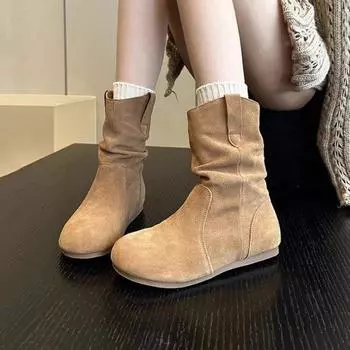 Retro Women s Half High Boots Round Toe Ladies Mid Calf Shoes Flat Winter 2024 Novelty on Promotion Designer Luxury Demi-season 35