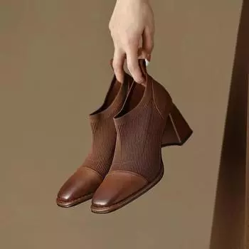 Retro Women s Shoes Square Head French High Heels Women s Ankle Boots Deep Cut Single Shoes 2024 Spring New Small Leather Shoes 35 чёрный