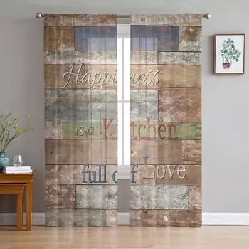 Retro Wood Grain Kitchen Text Curtain For Living Room Transparent Tulle Curtains Window Sheer For The Bedroom Accessories Decor W135 x H114cm