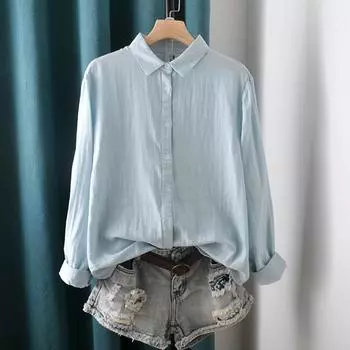Ретро воротник однотонная двухслойная хлопковая пряжа универсальная рубашка для весны и лета простые длинные рукава женские топы блузки и рубашки M белый