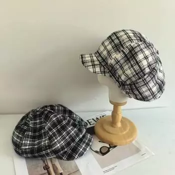 Ретро, восьмиугольная шляпа, дорожная шляпа с зонтиком, шляпа художника, литературная клетчатая шляпа в виде яйца, женская летняя и осенняя шляпа, маленькое лицо M56-58cm чёрный