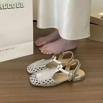 Retro woven hollow bag head sandals women s summer soft leather square head T-shaped with holes low-heeled sandals 35