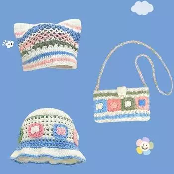 Ретро выдолбленная вязаная вручную цветочная шляпа-ведро для женщин осень и зима новая теплая маленькая шапка-пуловер сумка-мессенджер M56-58cm