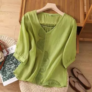 Ретро вышитое хлопковое конопляное женское универсальное художественное летнее платье свободный облегающий универсальный топ блузки рубашки M