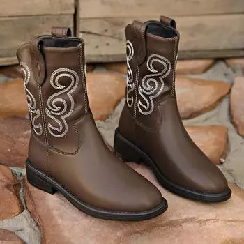 Ретро вышитые ковбойские сапоги в стиле вестерн женские 2024 новые модные темпераментные средние сапоги китайские модные сапоги большого размера 35 коричневый