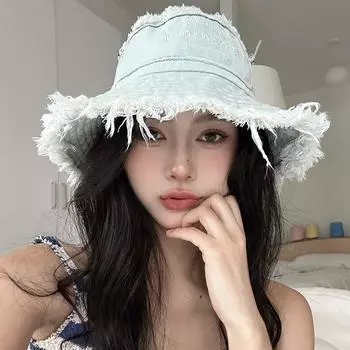 Ретро-вышитые шляпы-ведра из денима для женщин, летние, универсальные, тонкие, с защитой от солнца, с большими полями, показывающими лицо, с небольшой чашей 56-58cm светло-синий