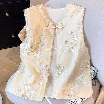 Ретро вышивка 2025 жилет летний жилет новый китайский жилет без рукавов топ тонкий многослойный M (under 50kg recommended)