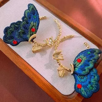 Ретро вышивка на ткани модные нишевые геометрические серьги для женщин синий