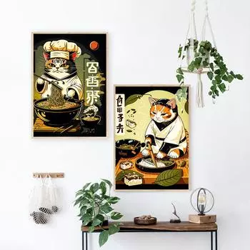 Ретро Япония Искусство Суши Кот Шеф-повар Рамен Плакат Эстетическая Настенная Роспись Кухня Бар Клуб Украшения Каваи Столовая Dceor Без Рамки 21*30cm No Frame