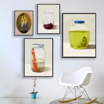 Ретро забавный постер с едой Последний соленый огурец Морковь Близнецы Банан Картина на холсте Настенная картина Печать для украшения кухни Столовой 21x30cm No Framed красный