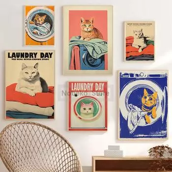 Ретро забавный постер со стиральной машиной и кошкой, принты на холсте, настенные картины, домашняя комната, ванная комната, винтажное украшение 21x30cm No Framed