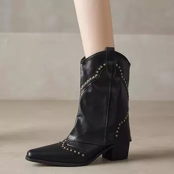 Ретро заклепки кожаные ковбойские сапоги в стиле вестерн женские дизайнерские туфли с мягкой подошвой и острым носком модные женские ботинки челси 35