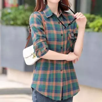 Ретро зеленая клетчатая рубашка, простые топы, весенне-осенние рубашки с лацканами и длинными рукавами, женская хлопковая блузка с начесом, азиатский размер XL зелёный