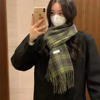 Ретро зеленый клетчатый шарф женский осенне-зимний универсальный теплый платок студенческий шарф новый