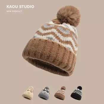 Ретро жаккардовая вязаная шапка с комком шерсти женская мягкая восковая осенне-зимняя теплая утолщенная шерстяная шапка-ушанка милая холодная шапка прилив Average size [head circumference 55-58cm] темно-коричневого