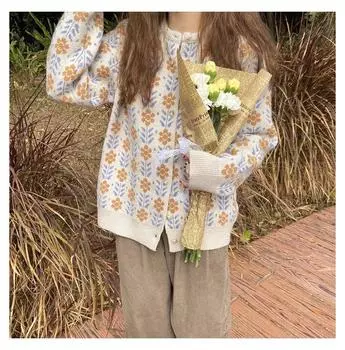 Ретро жаккардовый нежный ветер мелкий цветочный кардиган свитер женский осень и зима новый уменьшающий возраст и тонкий вязаный свитер женский верхний слой пальто one size fits all абрикосовый