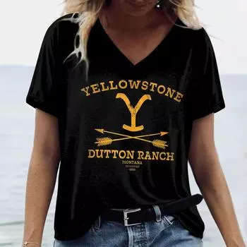 Ретро женская футболка с графическим принтом, летние повседневные топы с коротким рукавом, модная винтажная футболка с V-образным вырезом, женская свободная одежда S