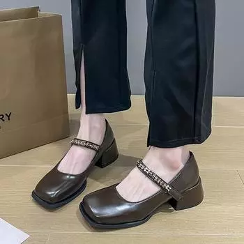 Ретро женская обувь Осенняя женская обувь с квадратным носком Удобное осенне-летнее платье Новые туфли-лодочки Высокие туфли Мэри Джейн с квадратным носком 35 чёрный