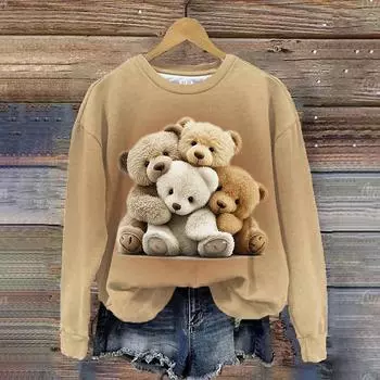 Ретро женская осенне-зимняя теплая толстовка с круглым вырезом и принтом медведя, дорожный свитер с капюшоном, женский свитер с 3D-принтом, уличная одежда S