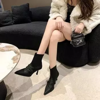 Ретро женские ботильоны модные туфли с острым носком осенние туфли на высоком каблуке женские элегантные эластичные узкие короткие ботильоны Botas De Mujer 35 чёрный