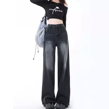 Ретро женские джинсы осень зима утолщенные плюс бархат темно-серые джинсовые брюки с высокой талией прямые брюки теплая одежда S темно серый