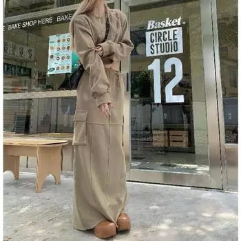 Ретро женские комплекты весна осень мода длинный рукав принтованный топ карманы разрез длинная юбка однотонные комплекты из двух частей женский XL хаки