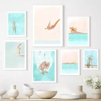 Ретро женские плакаты для дайвинга, холст, картина для бассейна, девушки, дайвера, прибрежного лета, настенные художественные фотографии для гостиной, домашнего декора 21x30cm No Framed белый