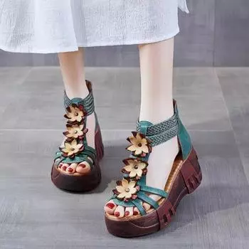 Ретро женские сандалии с цветами Летние туфли на плоской платформе Сандалии женские кожаные гладиаторские сандалии 35 светло-коричневого