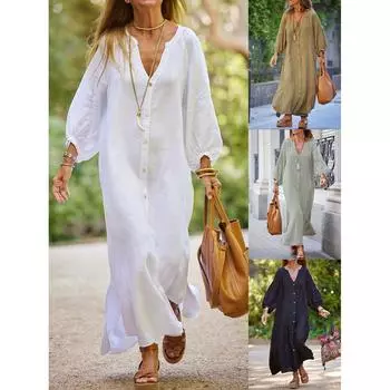 Ретро Женское Свободное Платье-Блузка Летнее Женское Пляжное Песочное Платье с Рукавом Три Четверти На Пуговицах Мешковатые Длинные Платья Макси S белый