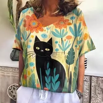 Ретро женские топы с V-образным вырезом, с мультяшным котом, летние, повседневные, модные, с коротким рукавом, одежда в стиле Харадзюку S