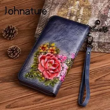 Ретро женский кошелек из натуральной кожи, длинный кошелек на молнии, держатель для карт, сумки-клатчи ручной работы с тиснением коричневый