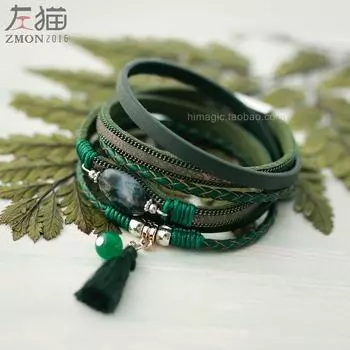 Ретро женский многослойный плетеный кожаный браслет-манжета Dark Green (middle Plus size)
