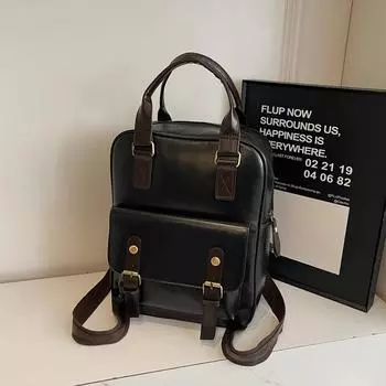 Ретро женский рюкзак PU рюкзак большой емкости чёрный