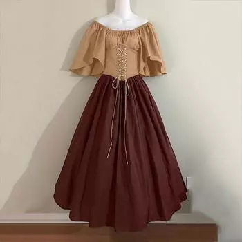 Ретро женское платье с рукавами-крылышками, с завязкой на талии и большой юбкой-солнце, на одно плечо L коричневый