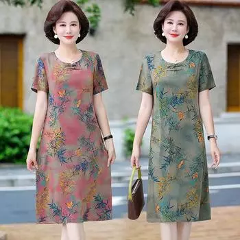 Ретро женское платье среднего возраста, новое летнее платье с короткими рукавами и классическим принтом 2024 года, женская одежда больших размеров S