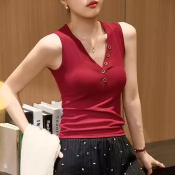 Ретро жилет с V-образным вырезом для женского летнего французского безрукавного облегающего базового топа на бретелях S