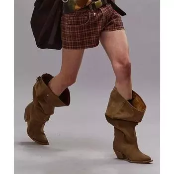 Ретро зимние сапоги до колена женские кожаные сапоги с круглым носком в стиле вестерн 2024 года новые осенне-зимние плиссированные туфли Hot Chick 35 чёрный